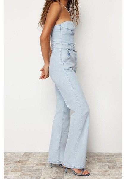 Standart Kol Geniş Paça Straplez Düz Desen Regular Kemerli Straplez Denim Tulum fırsatları