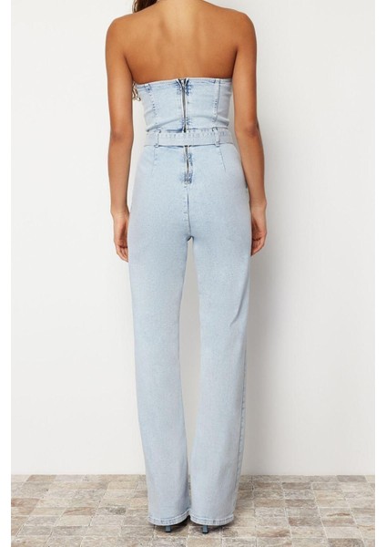 Standart Kol Geniş Paça Straplez Düz Desen Regular Kemerli Straplez Denim Tulum indirimleri