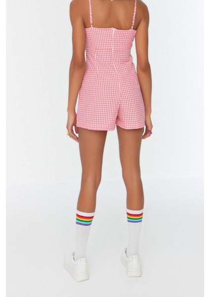 Boru Paça Kalp Yaka Ekose Kareli Desen Kısa Pencere Detaylı Askılı Mini Dokuma Tulum indirimleri