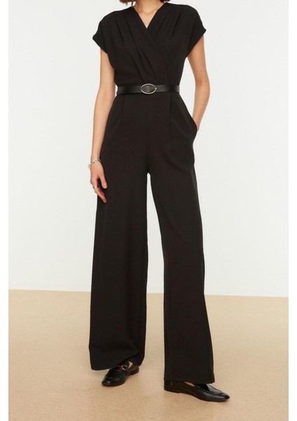 Kadın Moda Standart Kol Geniş Paça Kruvaze Uzun Kemerli Kruvaze Yaka Geniş Paça Dokuma Tulum