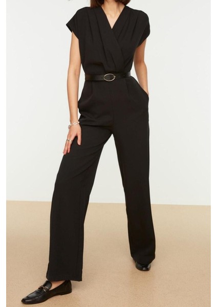 Kadın Moda Standart Kol Geniş Paça Kruvaze Uzun Kemerli Kruvaze Yaka Geniş Paça Dokuma Tulum fiyatları