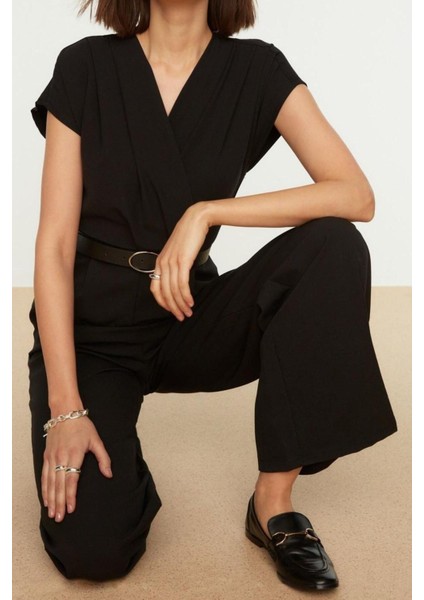 Kadın Moda Standart Kol Geniş Paça Kruvaze Uzun Kemerli Kruvaze Yaka Geniş Paça Dokuma Tulum modelleri