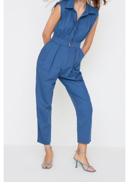 Kadın Moda Standart Kol Geniş Paça Gömlek Yaka Maxi Gömlek Yaka Kolsuz Gabardin Dokuma Tulum fiyatları