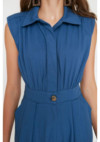 Kadın Moda Standart Kol Geniş Paça Gömlek Yaka Maxi Gömlek Yaka Kolsuz Gabardin Dokuma Tulum fırsatları