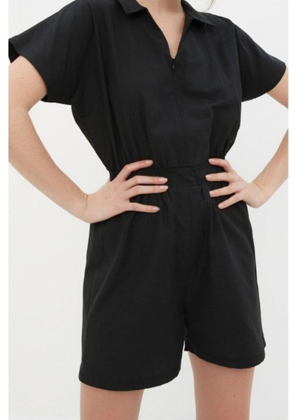 Kadın Moda Standart Kol Geniş Paça Gömlek Yaka Kısa Beli Lastikli Geniş Paça Mini Dokuma Tulum