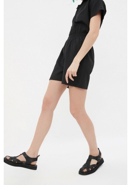 Kadın Moda Standart Kol Geniş Paça Gömlek Yaka Kısa Beli Lastikli Geniş Paça Mini Dokuma Tulum fiyatları