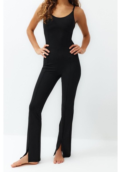 Kadın Moda Ince Askılı Geniş Paça Havuz Yaka Uzun Toparlayıcı Ip Askılı Destekli Örme Spor Tulum