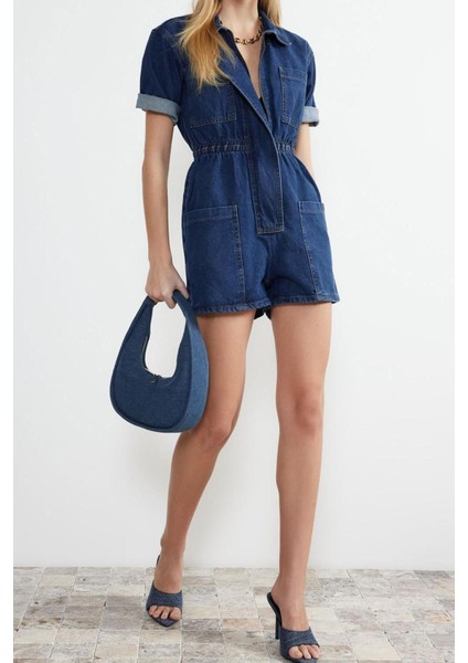 Kadın Moda Standart Kol Boru Paça Dik Yaka Düz Desen Kısa Beli Lastikli Denim Şort Tulum fiyatları