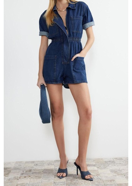 Kadın Moda Standart Kol Boru Paça Dik Yaka Düz Desen Kısa Beli Lastikli Denim Şort Tulum modelleri