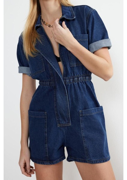 Kadın Moda Standart Kol Boru Paça Dik Yaka Düz Desen Kısa Beli Lastikli Denim Şort Tulum fırsatları