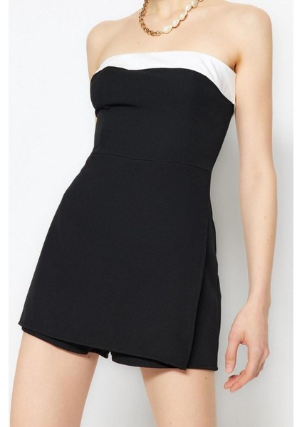 Standart Kol Geniş Paça Straplez Kısa Straplez Renk Bloklu Mini Dokuma Şort Tulum fiyatları