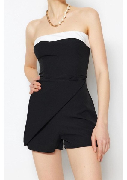 Standart Kol Geniş Paça Straplez Kısa Straplez Renk Bloklu Mini Dokuma Şort Tulum fırsatları