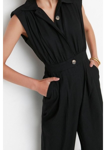 Kadın Moda Standart Kol Geniş Paça Gömlek Yaka Maxi Gömlek Yaka Kolsuz Gabardin Dokuma Tulum fiyatları
