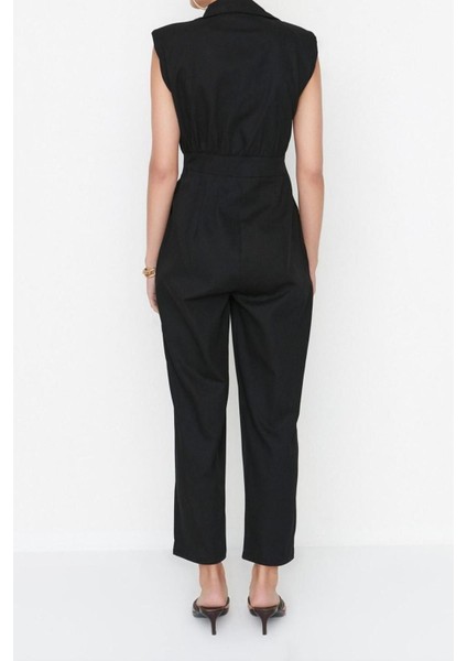 Kadın Moda Standart Kol Geniş Paça Gömlek Yaka Maxi Gömlek Yaka Kolsuz Gabardin Dokuma Tulum indirimleri