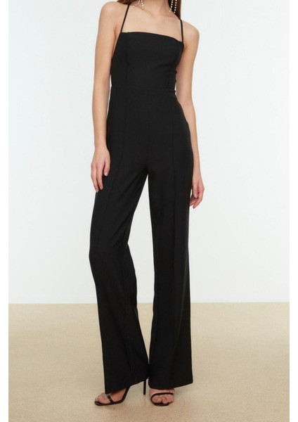 Kadın Moda Standart Kol Geniş Paça Kare Yaka Düz Desen Regular Dokuma Tulum modelleri