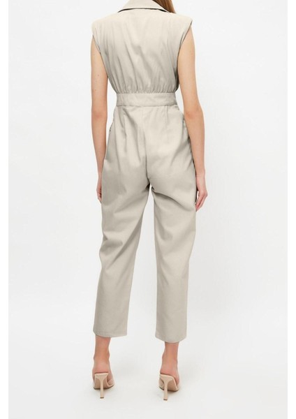 Kadın Moda Standart Kol Geniş Paça Gömlek Yaka Maxi Gömlek Yaka Kolsuz Gabardin Dokuma Tulum