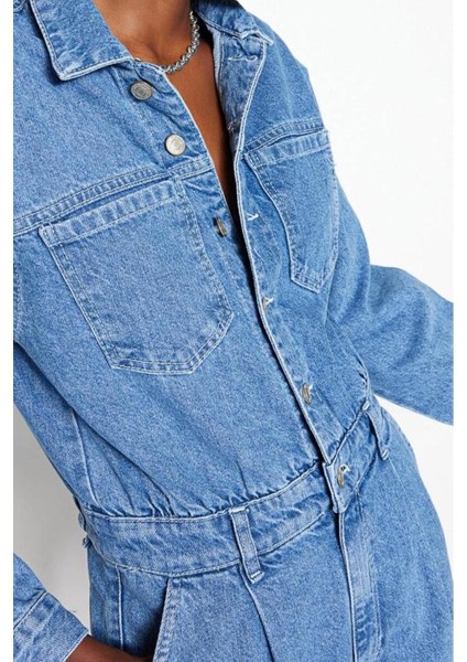 Kadın Moda Standart Kol Boru Paça Gömlek Yaka Düz Desen Uzun Bel Detaylı Denim Tulum fırsatları