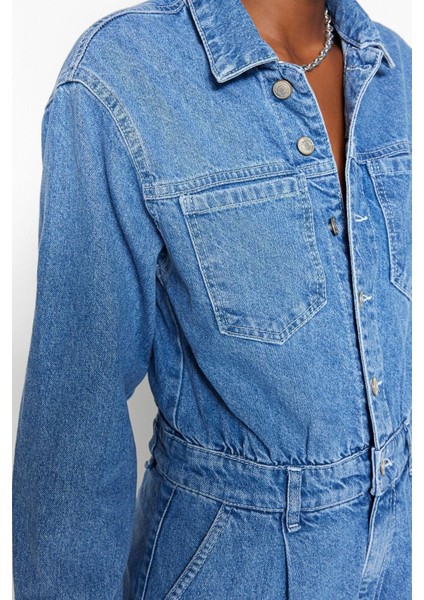 Kadın Moda Standart Kol Boru Paça Gömlek Yaka Düz Desen Uzun Bel Detaylı Denim Tulum indirimleri