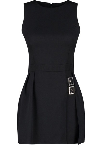 Standart Kol Geniş Paça Bisiklet Yaka Kısa Mini Şort Etekli Kemer Detaylı Dokuma Tulum