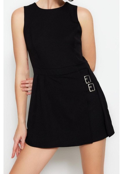 Standart Kol Geniş Paça Bisiklet Yaka Kısa Mini Şort Etekli Kemer Detaylı Dokuma Tulum modelleri