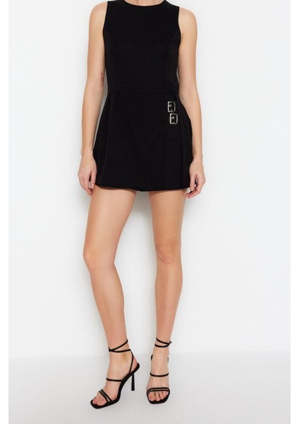 Standart Kol Geniş Paça Bisiklet Yaka Kısa Mini Şort Etekli Kemer Detaylı Dokuma Tulum indirimleri