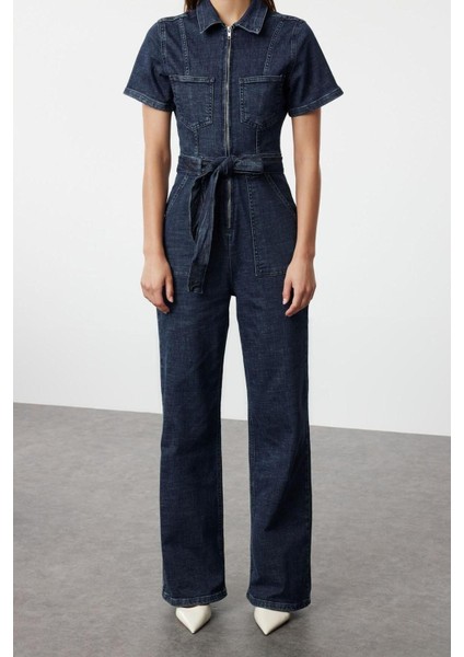 Kadın Moda Standart Kol Geniş Paça Gömlek Yaka Düz Desen Uzun Kuşaklı Denim Tulum
