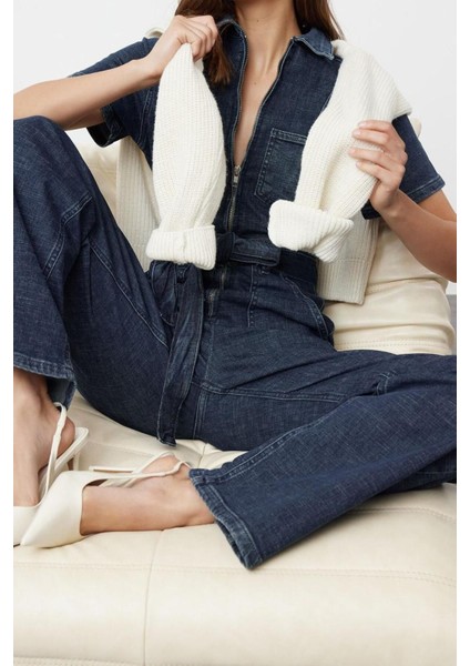 Kadın Moda Standart Kol Geniş Paça Gömlek Yaka Düz Desen Uzun Kuşaklı Denim Tulum modelleri