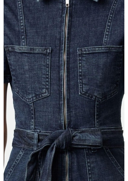 Kadın Moda Standart Kol Geniş Paça Gömlek Yaka Düz Desen Uzun Kuşaklı Denim Tulum fırsatları