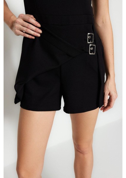 Kadın Moda Standart Kol Geniş Paça Bisiklet Yaka Kısa Mini Şort Etekli Kemer Detaylı Dokuma Tulum fırsatları