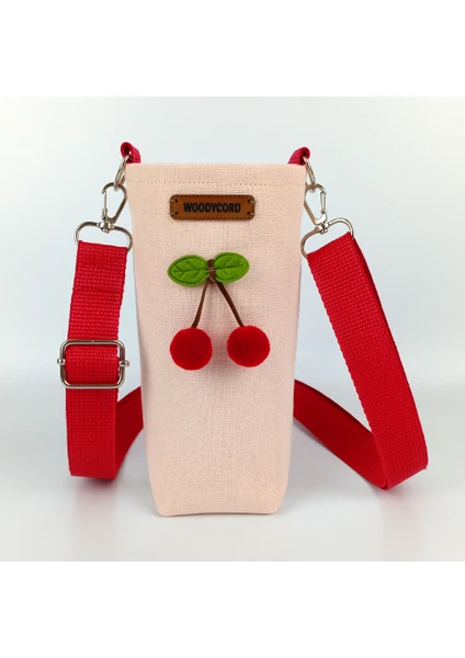 Woody Cord 0,5 Litrelik Matara Kılıfı Su Şişesi Taşıma Çantası Water Bottle Bag Kiraz