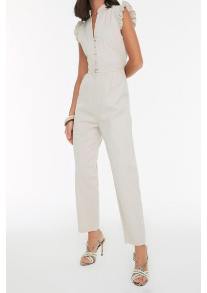 Kadın Moda Standart Kol Boru Paça Hakim Yaka Uzun Taş Fırfır ve Düğme Detaylı Uzun Dokuma Tulum