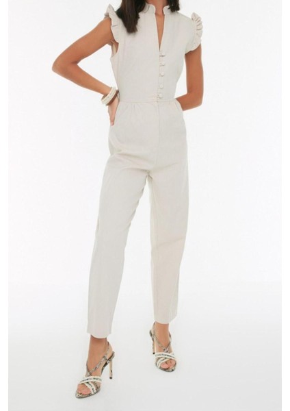 Kadın Moda Standart Kol Boru Paça Hakim Yaka Uzun Taş Fırfır ve Düğme Detaylı Uzun Dokuma Tulum fiyatları