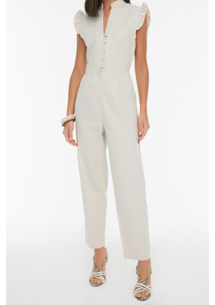 Kadın Moda Standart Kol Boru Paça Hakim Yaka Uzun Taş Fırfır ve Düğme Detaylı Uzun Dokuma Tulum fırsatları