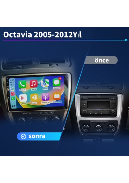 Volkswagen Skoda Octavia 2005-2012 Android Sürüm 13 Kablosuz Carplay Navigasyon Multimedya 10 Inç Ekran 4G Ram 64GB Hafıza fırsatları