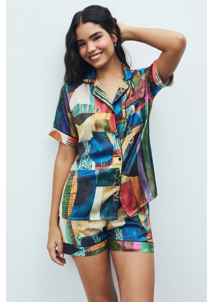 Amoureux Saten Coloré Desenli Kısa Pijama Takımı