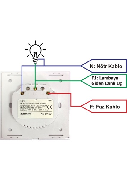 AS871 EU WiFi Dokunmatik Akıllı Tekli Duvar Lamba Açma Anahtarı Tuya Destekli