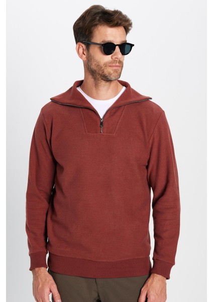 Relax Fit Rahat Kesim Desenli Pamuklu Yarım Fermuarlı kiremit Renk Dik Yaka Sweatshirt fiyatları