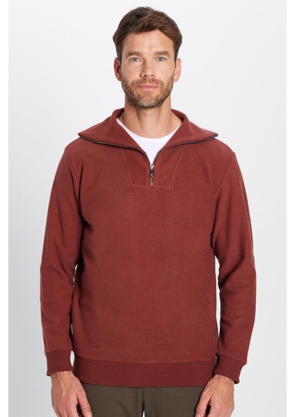 Relax Fit Rahat Kesim Desenli Pamuklu Yarım Fermuarlı kiremit Renk Dik Yaka Sweatshirt fırsatları