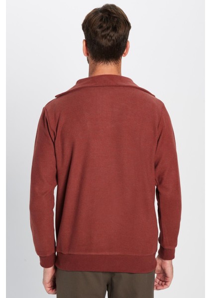 Relax Fit Rahat Kesim Desenli Pamuklu Yarım Fermuarlı kiremit Renk Dik Yaka Sweatshirt indirimleri