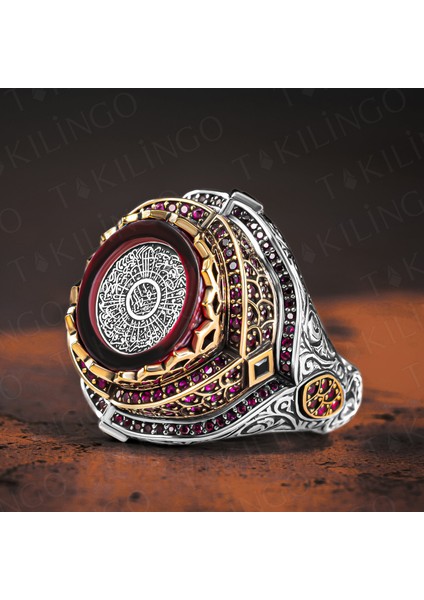 925 Ayar Gümüş Kehribar Taş Üzeri Inşirah Suresi Yazılı Dualı Usta Işi Erkek Yüzük