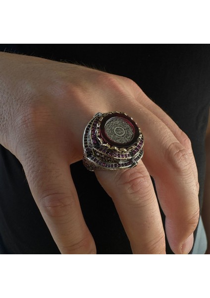 925 Ayar Gümüş Kehribar Taş Üzeri Inşirah Suresi Yazılı Dualı Usta Işi Erkek Yüzük modelleri