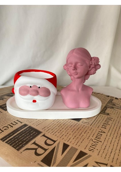 Loş Dükkan Noel Baba Saksı - Kadın Şekilli  Mum ve Organizer Tabak 3 Lü Set   -Yılbaşı Hediyesi Dekoru