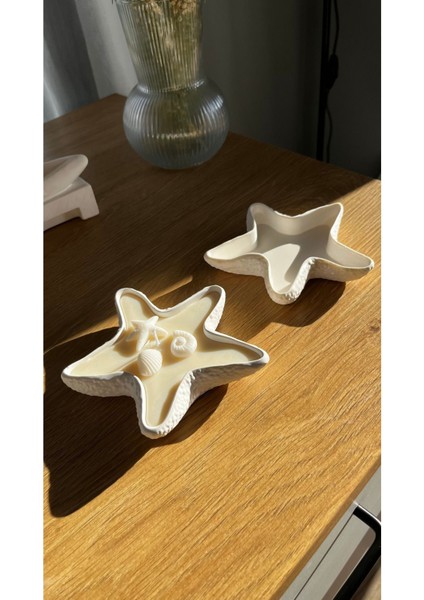 Deniz Yıldızı Görünümlü 2'li Dekoratif Takı Tabağı ve El Yapımı Doğal Soya Wax Mum