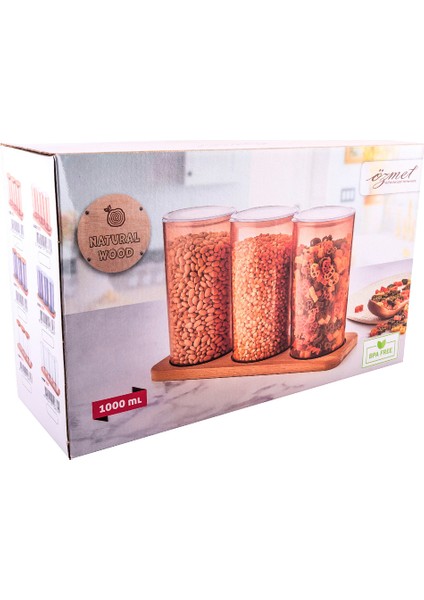 Doğal Ahşap Kapaklı 3'lü Antrasit Standlı ve Vakumlu Çay, Kahve, Şeker, Bakliyat Kavanoz Seti Mika 1 Lt