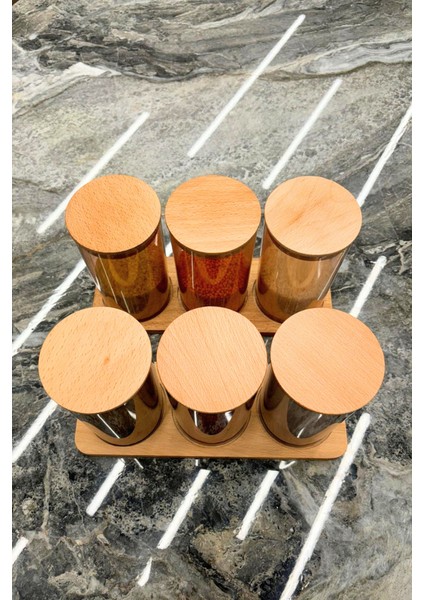 Doğal Ahşap Kapaklı 3'lü Antrasit Standlı ve Vakumlu Çay, Kahve, Şeker, Bakliyat Kavanoz Seti Mika 1 Lt