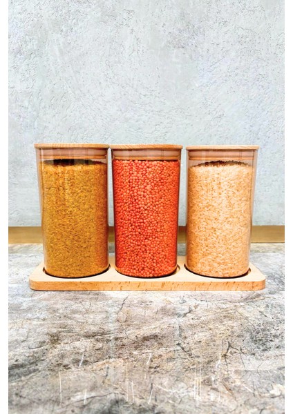 Doğal Ahşap Kapaklı 3'lü Antrasit Standlı ve Vakumlu Çay, Kahve, Şeker, Bakliyat Kavanoz Seti Mika 1 Lt