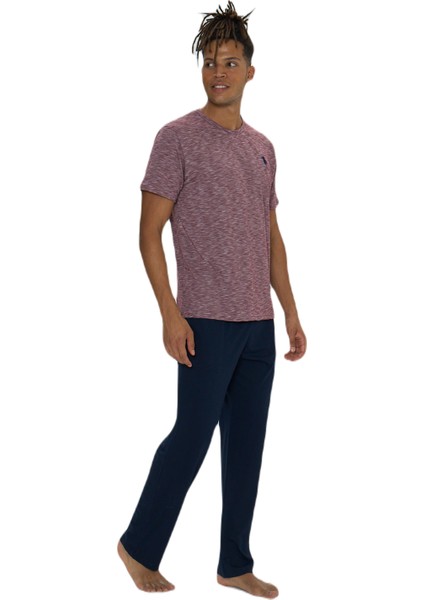 Erkek Bordo Flamlı Yuvarlak Yaka Pijama Takımı