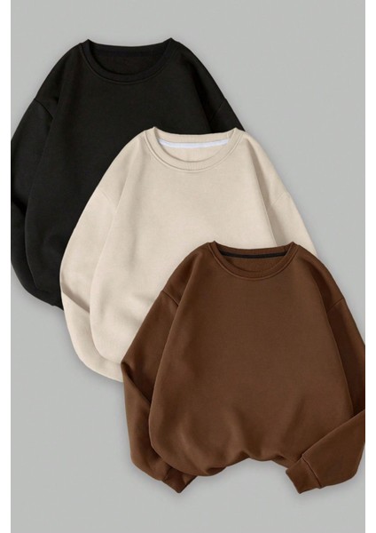 Kadın Siyah Bej Kahverengi Düz Bisiklet Yaka 3lü Sweatshirt Set fiyatları