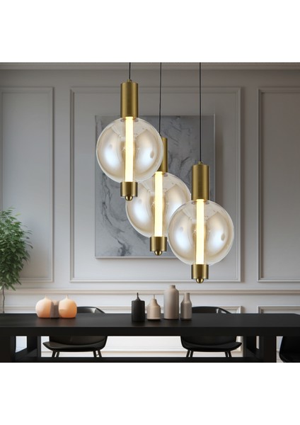 Mira Siyah 3'lü Yuvarlak Bal Camlı 10 Watt Modern Salon LED Sarkıt Avize