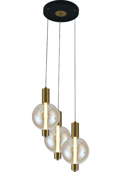 Mira Siyah 3'lü Yuvarlak Bal Camlı 10 Watt Modern Salon LED Sarkıt Avize